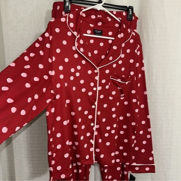 kate spade L-XL Red Pink Polka Notch Collar Long Sleeve Pajama Set - Picture 7 of 11